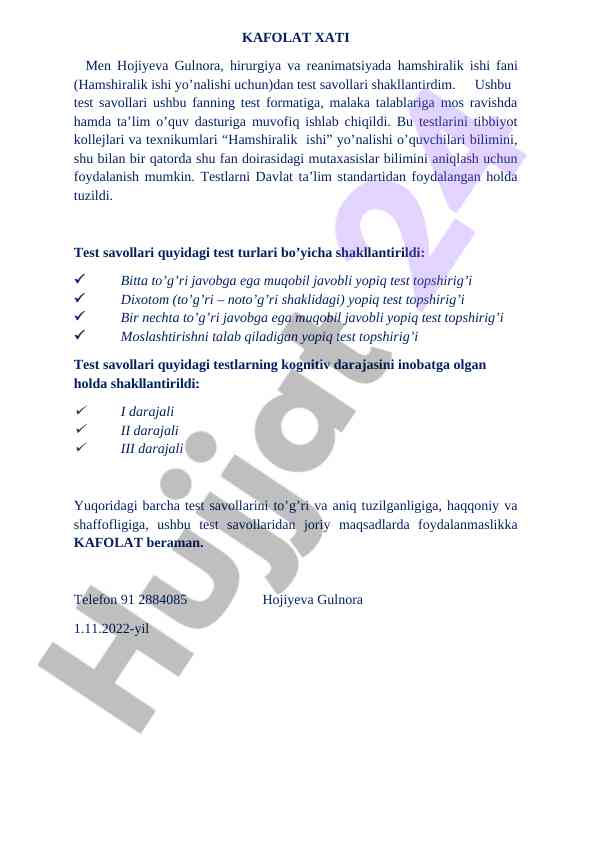 Hamshiralik ishtirokida test savollari taqdimoti