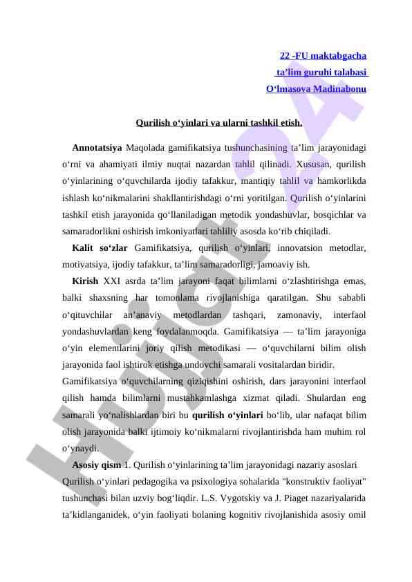 Gamifikatsiya va qurilish o'yinlari tahlili