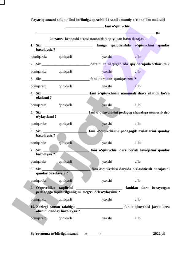 O'qtuvchini baholash baho darajalari soruslari