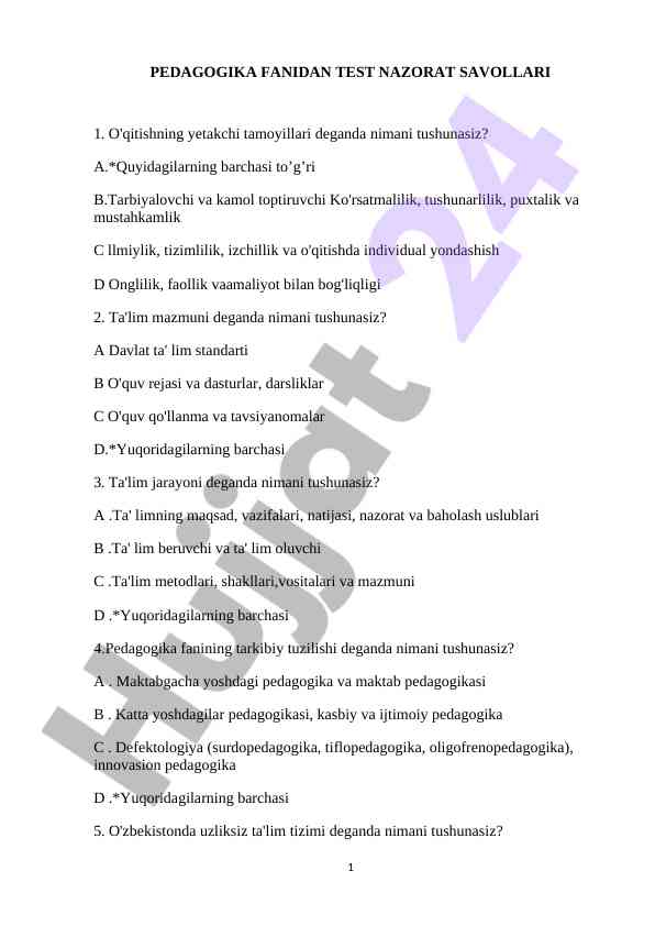Pedagogika Fanidan Test Nazorat Savollari