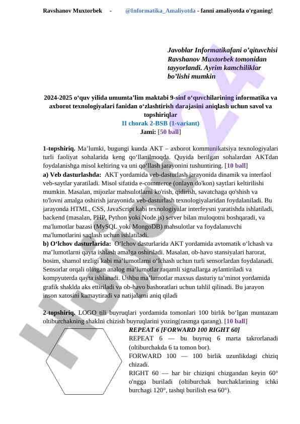 Informatika fanidan o‘zlashtirish darajasini aniqlash