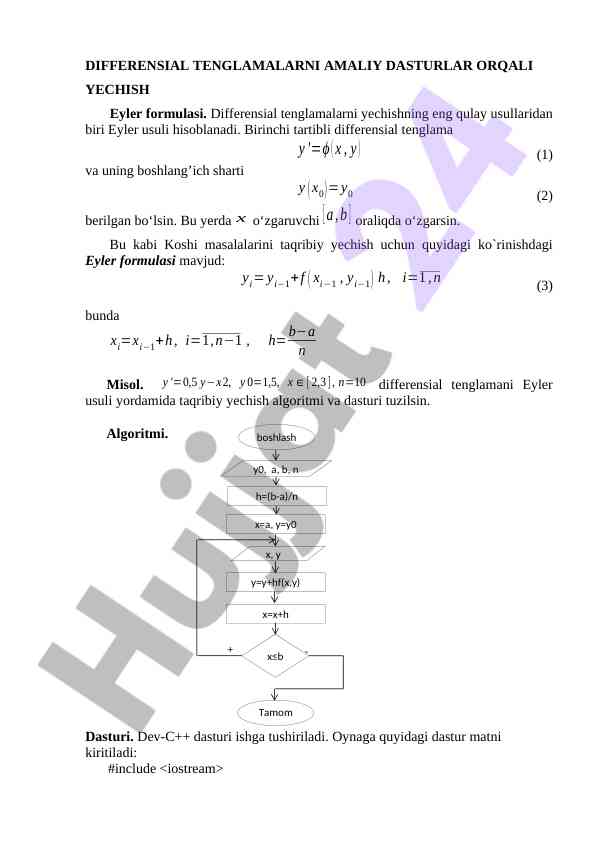 Differensial tenglamalarni eyler usuli bilan yechish