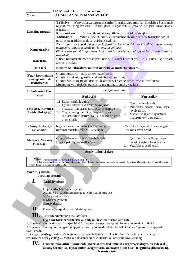 Informatika dars ishlanmasi 10-a sinfi uchun