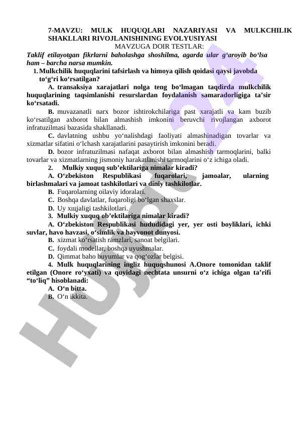 Mulk huquqlari nazariyasi va mulkchilik shakllari