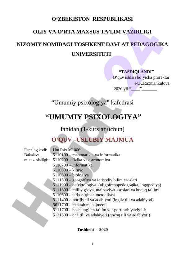 Umumiy psixologiya o‘quv-uslubiy majmua