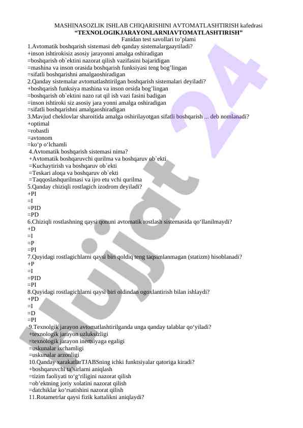 Avtomatik boshqarish tizimlari test savollari