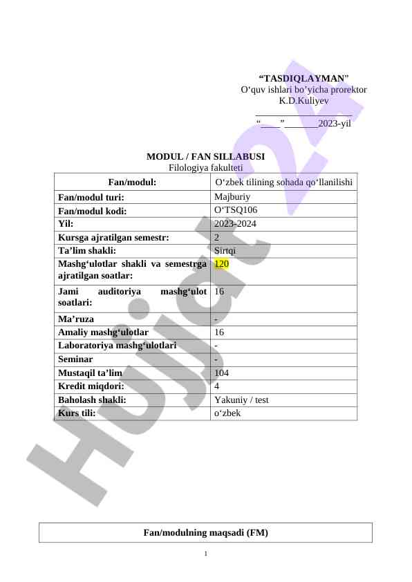O‘zbek tilining qo‘llanilishi: sillabus 2023-2024