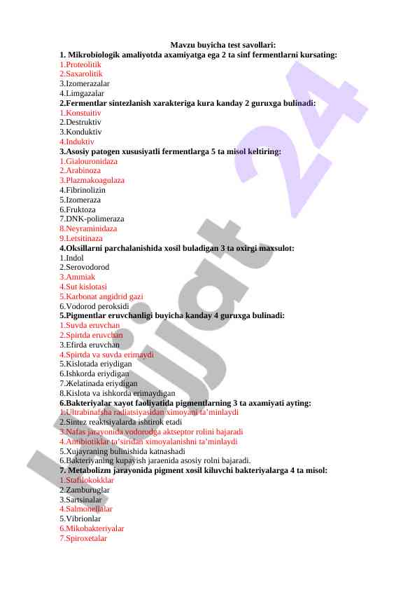 Mikrobiologik amaliyotda test savollari