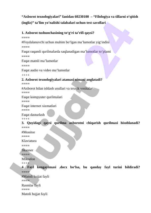 Axborot texnologiyalari fanidan test savollari