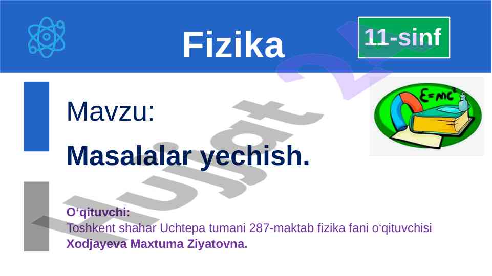 Masalalar yechish fizika testlari va javoblar
