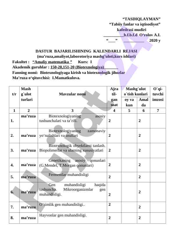 Biotexnologiyaga kirish rejasi 2020