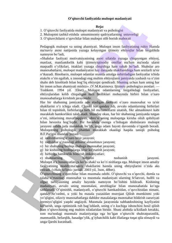 O’qituvchi faoliyatida muloqot madaniyati