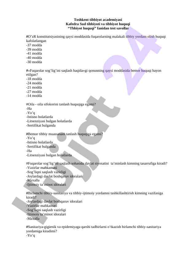 Tibbiyot huquqi bo'yicha test savollari
