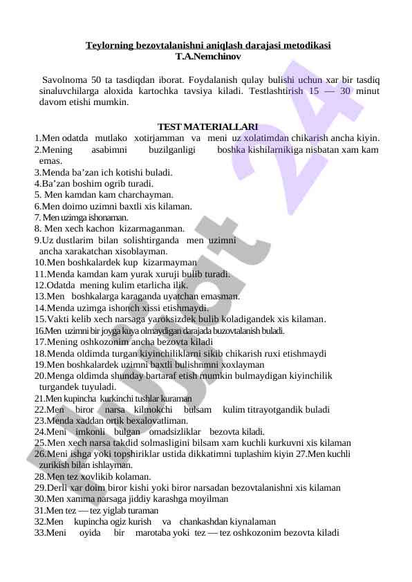Teylor tahlilida bezovtalikni aniqlash metodikasi