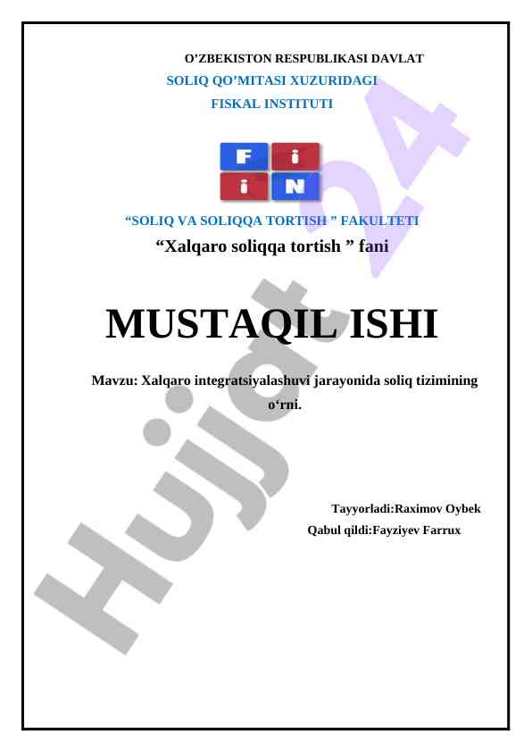Xalqaro soliqqa tortish tizimidagi o'rni