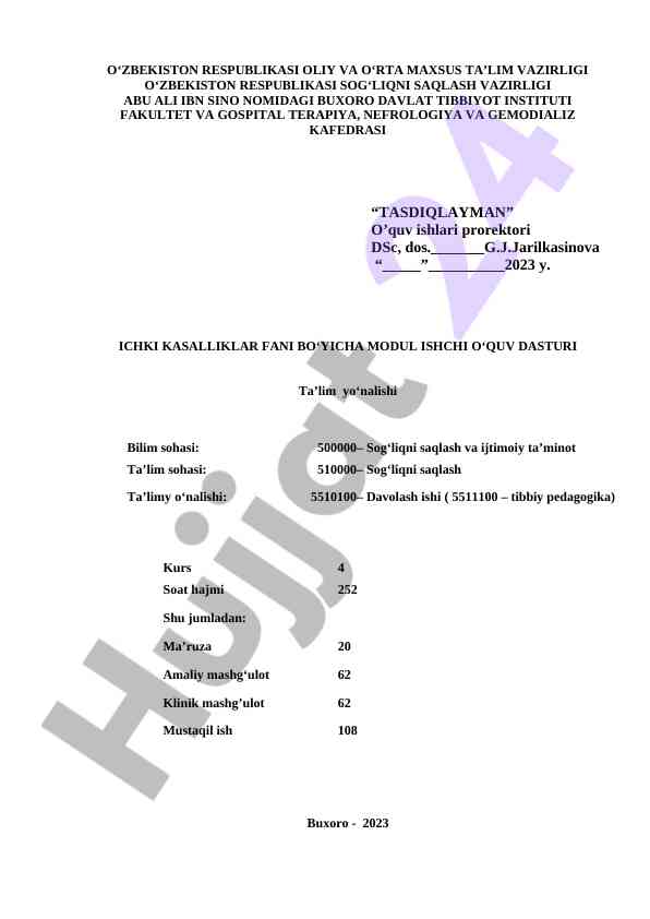 Ichki kasalliklar fani bo‘yicha modul ishchi dasturi