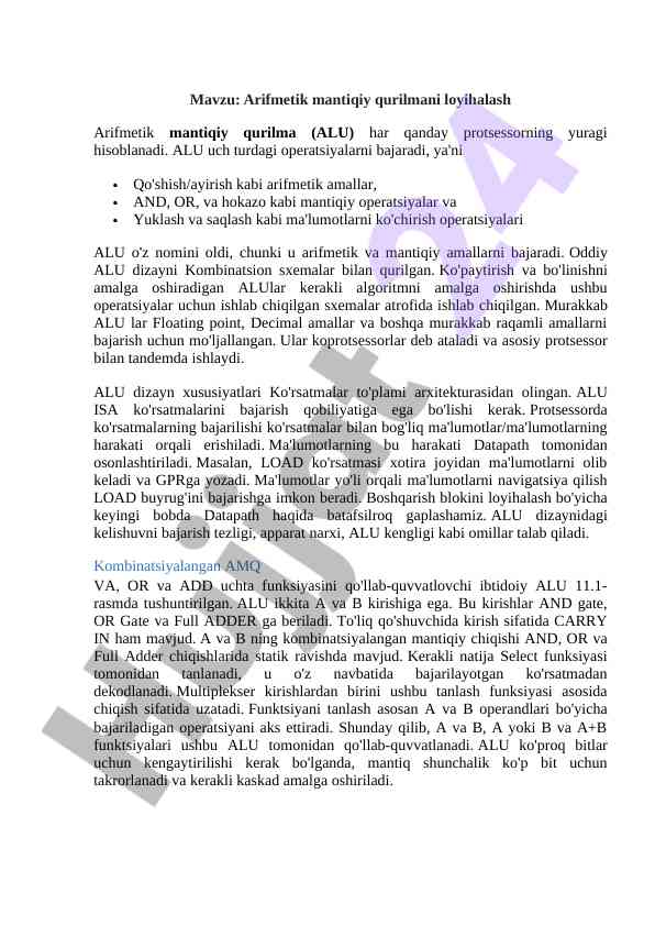 Arifmetik mantiqiy qurilma loyihalash va alu dizayni