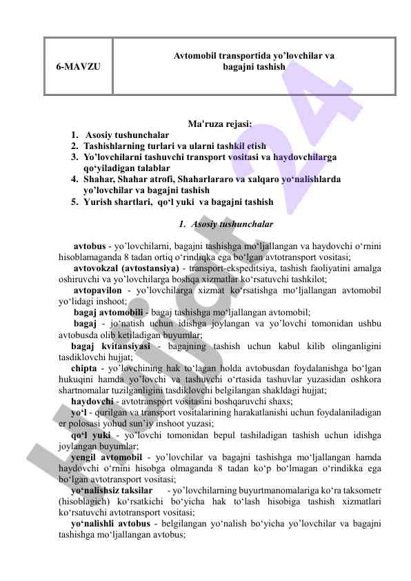Transport vositalari tashish rejasi