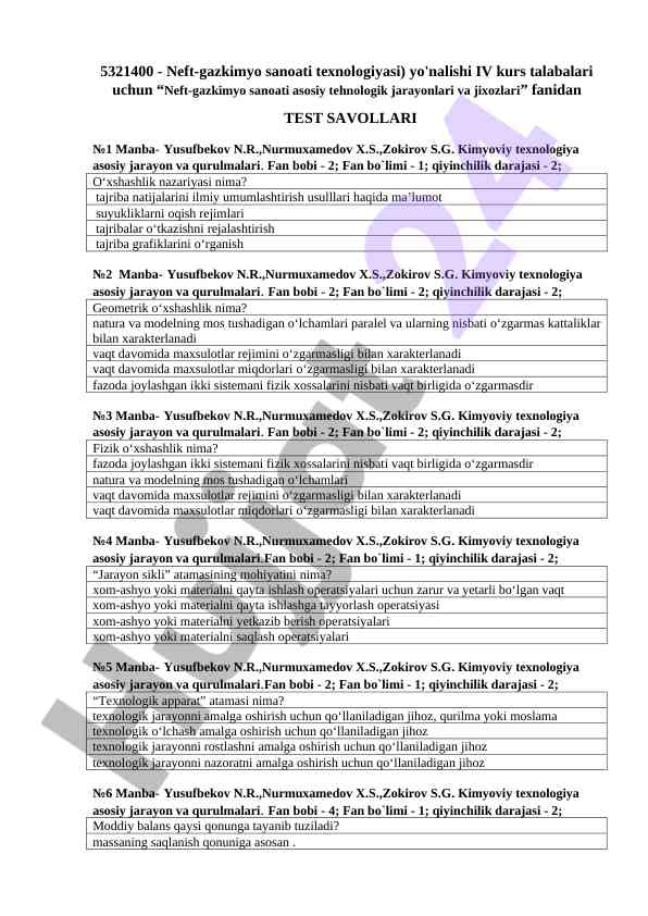 Neft-gazkimyo sanoati texnologiyasi test savollari №1