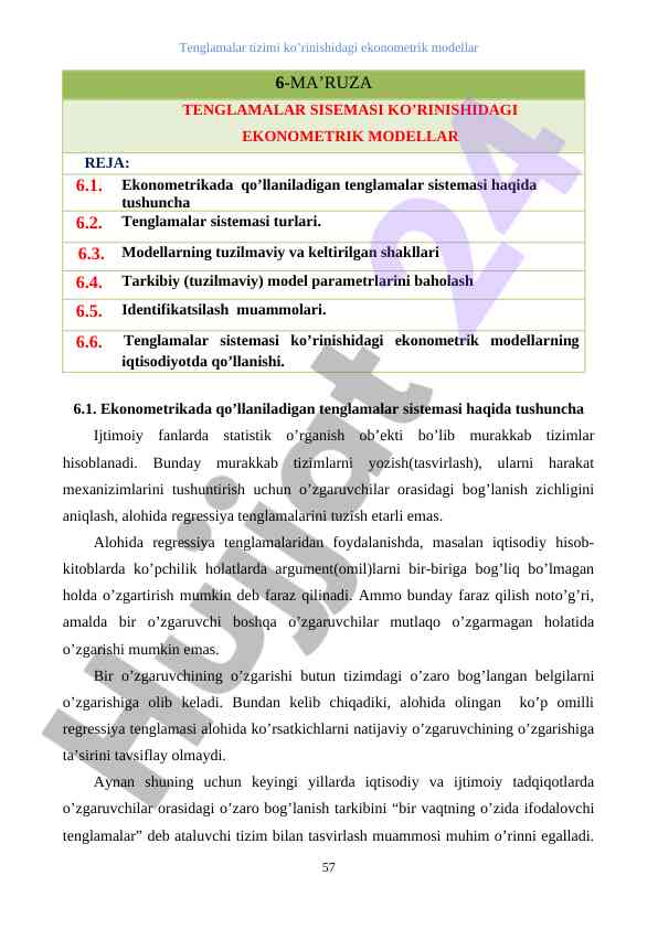 Tenglamalar Sistemasi Ko‘rinishidagi Ekonometrik Modellar