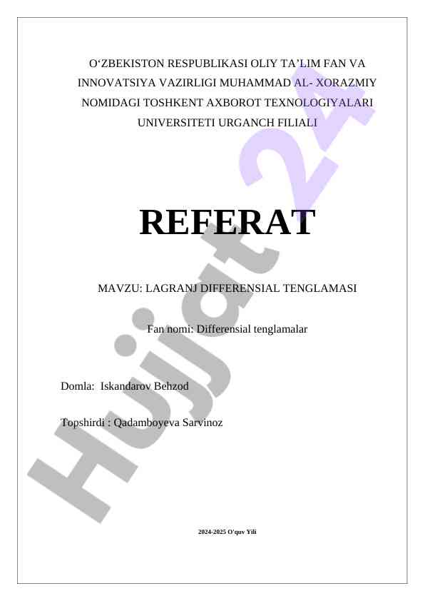 Lagranj Differensial Tenglamasi O‘rganilishi