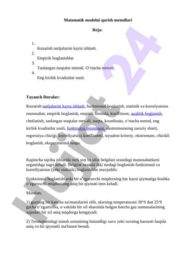 Matematik modelni qurish metodlari ta'rifi