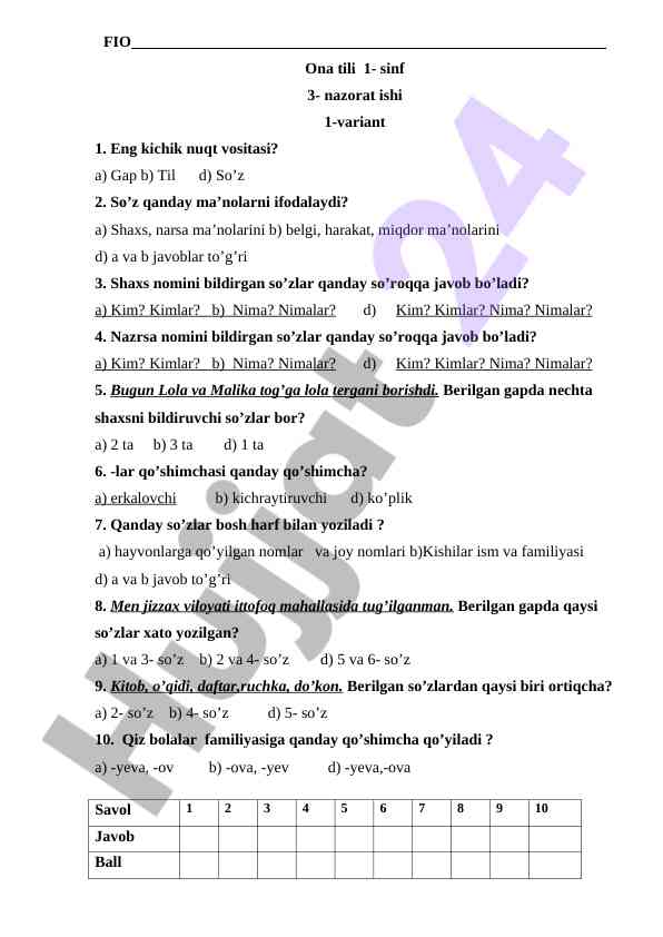 Ona tili 1-sinf nazorat ishi