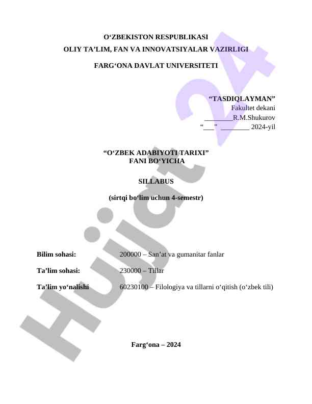O‘zbek adabiyoti tarixi faniga o‘quv sillabusi