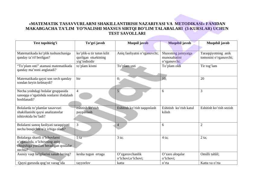 Matematik tasavvurlarni shakillantirish test savollari