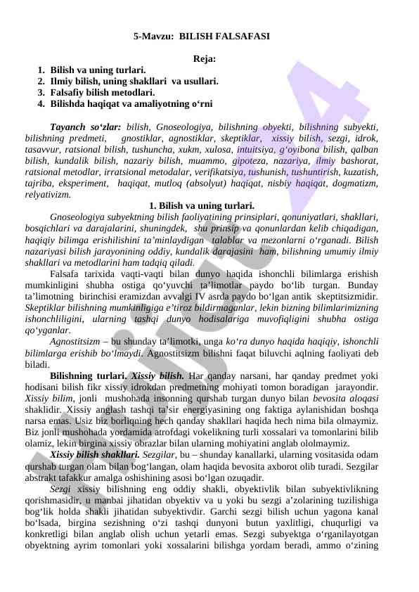 Bilish falsafasi va uning turlari ilmiy maqola
