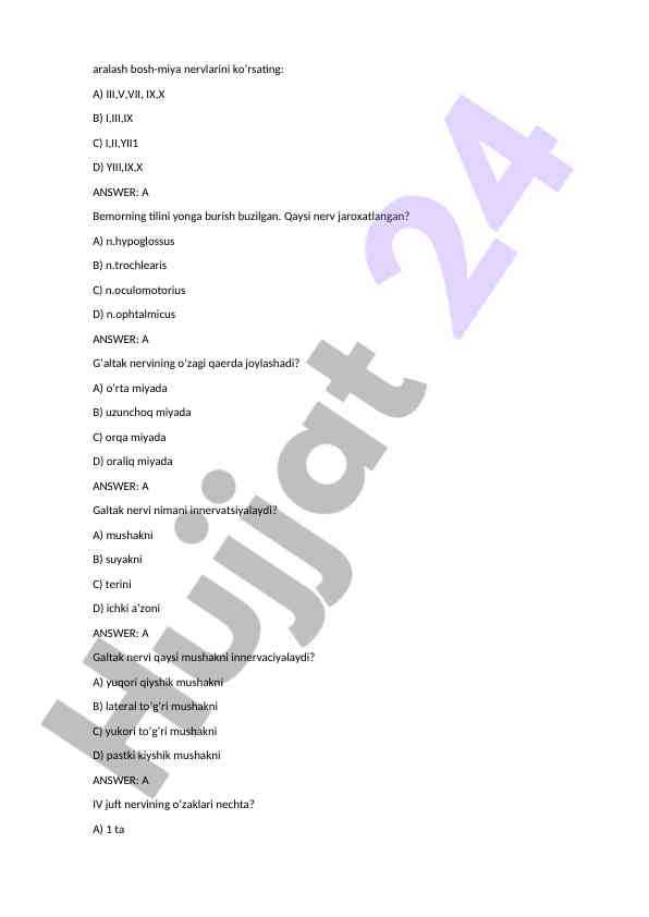 Bosh miya nervlari haqida test savollari