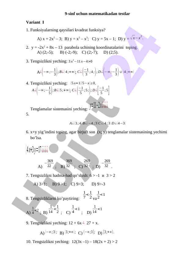 9-sinf matematikadan testlar variant i