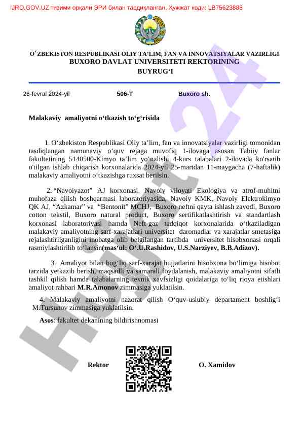 Malakaviy amaliyot o‘tkazish rejasi 2024 yil