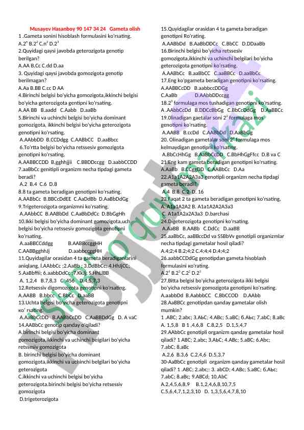 Genotiplarni hisoblash uchun test savollari
