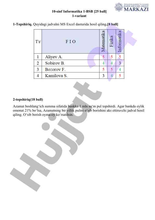 10-sinf informatika 1-bsb test variantlari