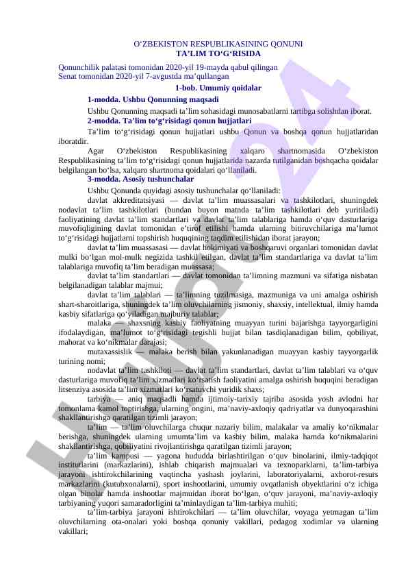 O‘zbekiston respublikasi ta’lim qonuni tahlili