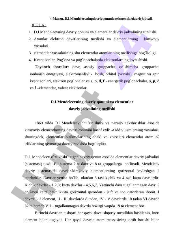 D.i.mendeleevning davriy qonuni va elementlar jadvali