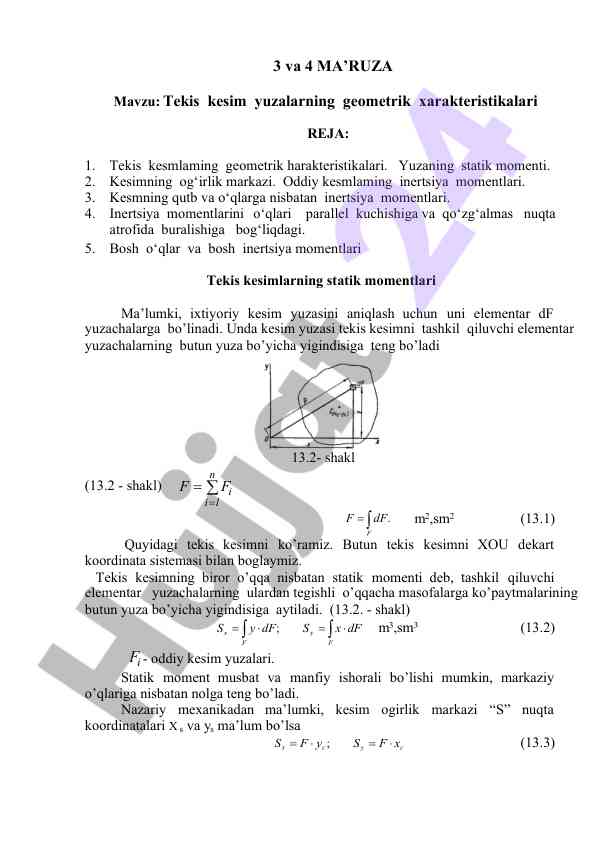 Tekis kesim yuzalarning geometrik xarakteristikalari