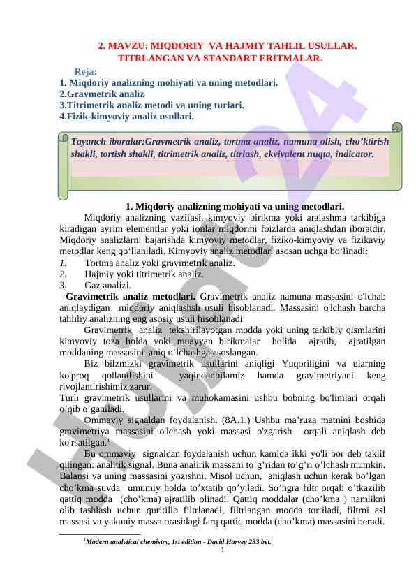 Miqdoriy va hajmiy tahlil usullari va titrimetrik metodlar