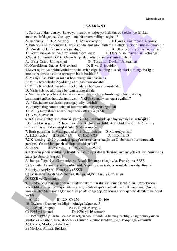 O'zbek tarixi bo'yicha test savollari