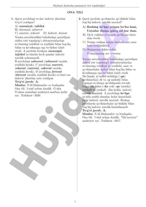 Majburiy fanlardan test topshiriqlari o‘na tili