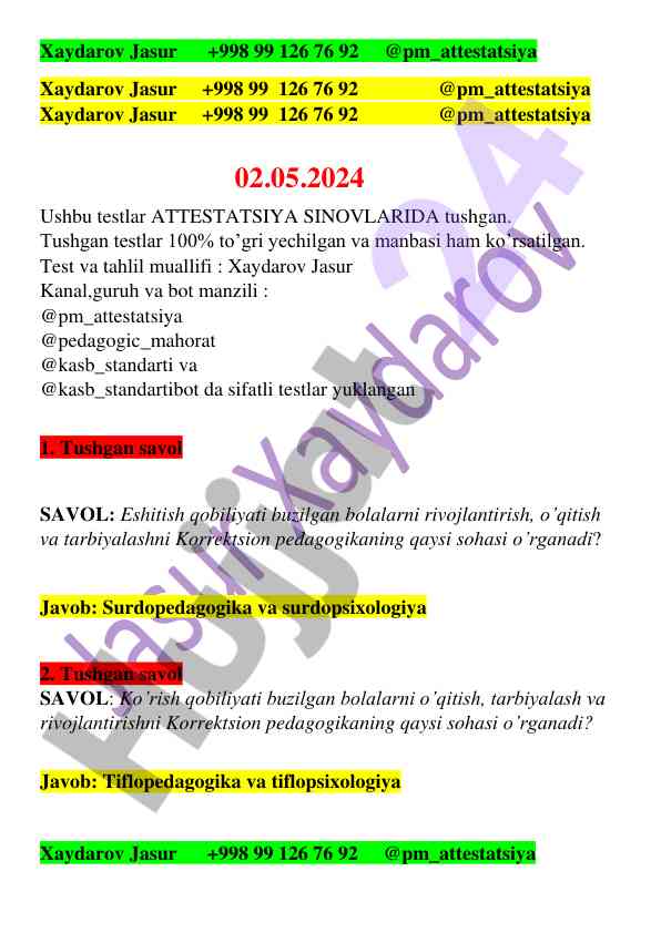 Attestatsiya sinovlari uchun tayyorgarlik testlari