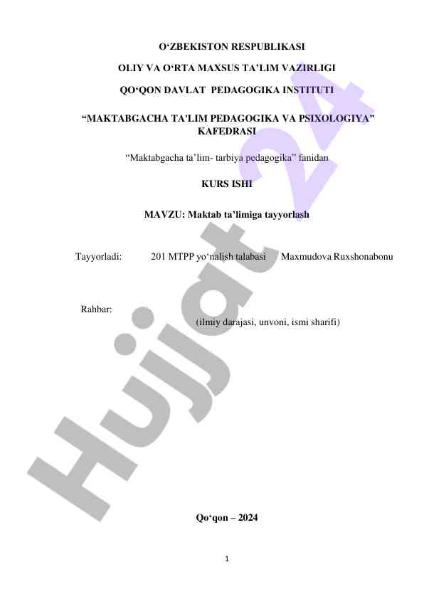 Maktab ta'limiga tayyorlash tizimi va metodikasi