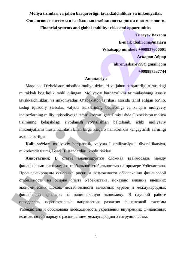 Moliya tizimlari va jahon barqarorligi tahlili