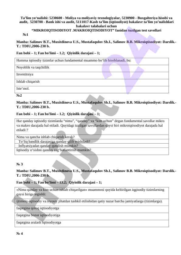 Mikroiqtisodiyot va makroiqtisodiyot test savollari