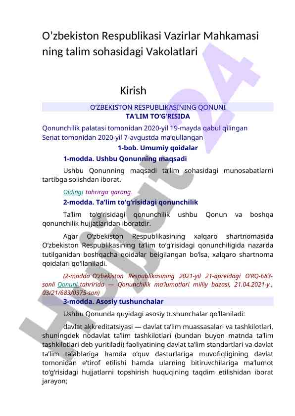 O‘zbekiston ta’lim qonunining asosiy qoidalari