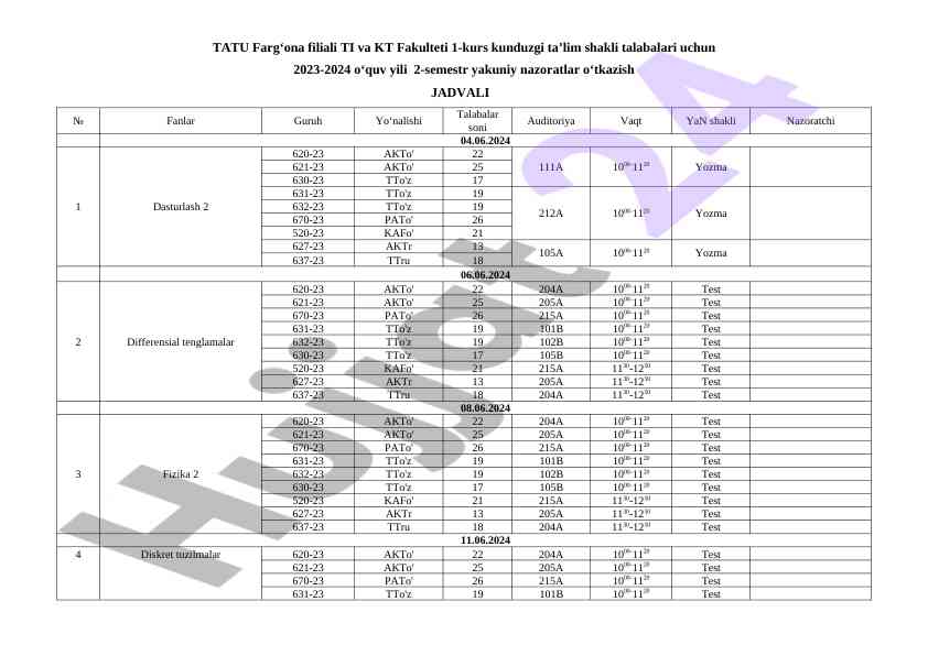 2023-2024 o‘quv yili 2-semestr yakuniy nazoratlar