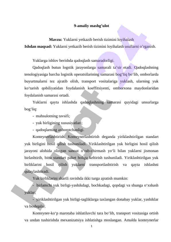 Yuklarni yetkazib berish tizimini loyihalash
