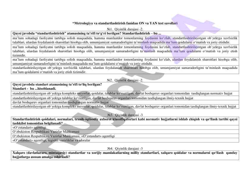 Metrologiya va standartlashtirish fanidan test savollari