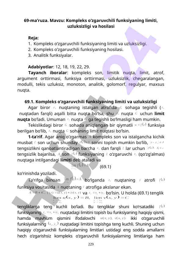Kompleks o‘zgaruvchili funksiyaning limiti va uzluksizligi